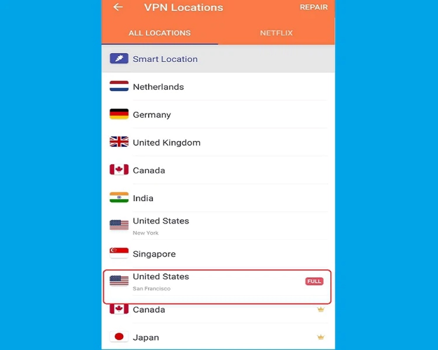 Chọn quốc gia ở Turbo VPN