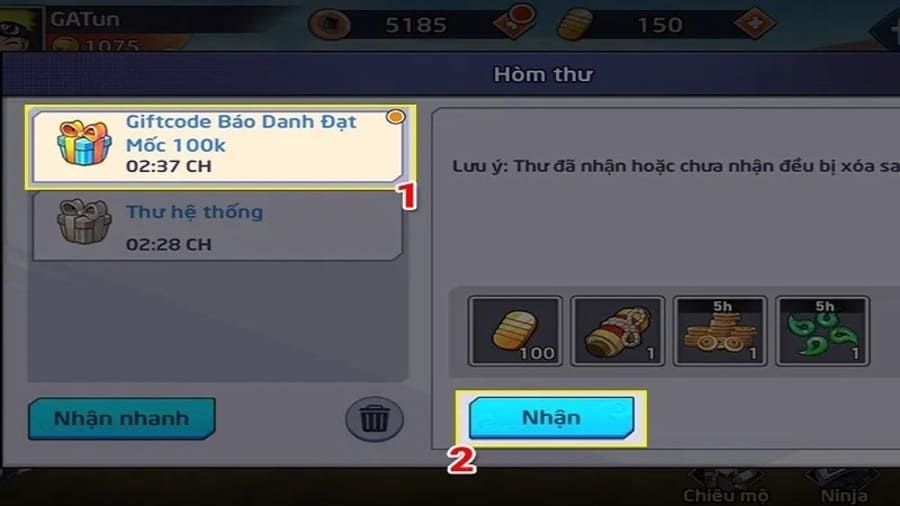 Nhận thưởng giftcode tại hộp thư trong game